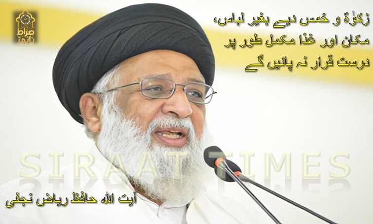 زکوٰة و خمس دیے بغیر لباس، مکان اور غذا مکمل طور پر درست قرار نہ پائیں گے / آیت اللہ حافظ ریاض نجفی